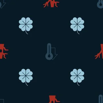 Set Bare tree, Thermometer and Four leaf clover on seamless pattern. Vector Illustrazione stock
