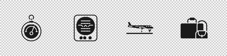 Set Barometer, Attitude indicator, Plane and Suitcase icon. Vector Stock Illustration