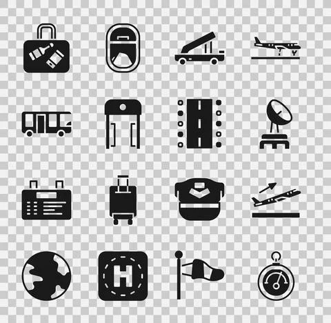 Set Barometer, Plane takeoff, Radar, Passenger ladder, Metal detector in airport Stock Illustration
