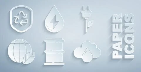 Set Barrel, Electric saving plug in leaf, Earth globe and, Cloud with rain 스톡 일러스트
