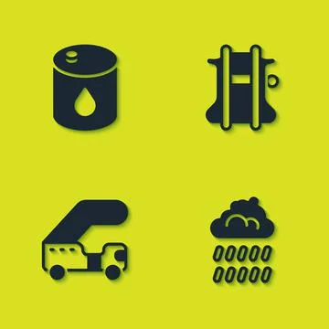 Set Barrel oil, Cloud with rain, Passenger ladder and Parachute icon. Vector 스톡 일러스트