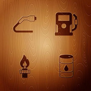 Set Barrel oil, Electrical cable plug charging, Oil rig with fire and Petro.. Stock Illustration
