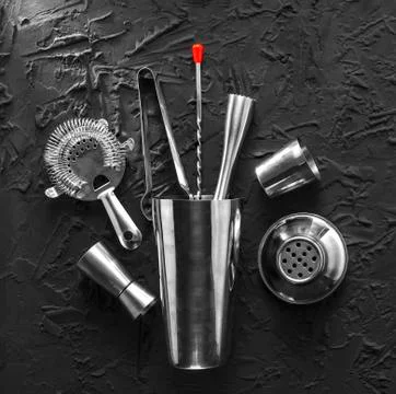 Set for bartendermixing, jigger, madler, squeezer, haotor, strainer, julep st Stock Photos