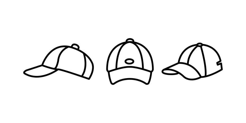 Set of Base ball cap vector icons. Black linear Baseball hat icons vector o.. Stock Illustration