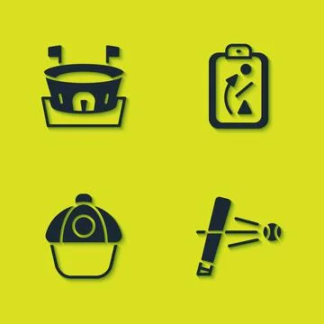 Set Baseball arena, bat with, cap and Planning strategy icon. Vector Stock Illustration