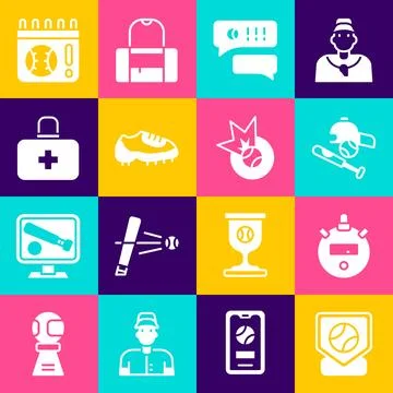 Set Baseball base, Stopwatch, bat with ball, hat, Speech bubble chat baseba.. Stock Illustration