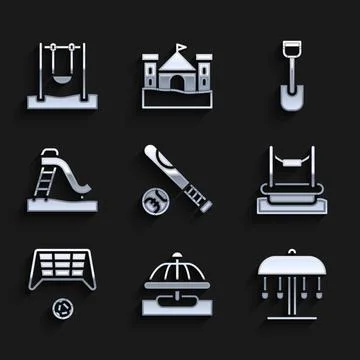 Set Baseball bat with ball, Attraction carousel, Bungee, Soccer goal, Kid slide Ilustración de archivo