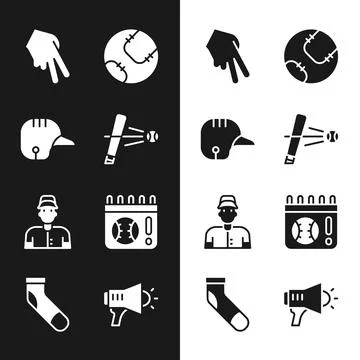 Set Baseball bat with ball, helmet, glove, player, Calendar baseball game, .. Stock Illustration