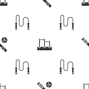 Set Baseball bat with ball, Horizontal bar and Jump rope on seamless pattern Illustrazione stock