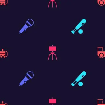 Set Baseball bat with ball, Microphone, Wood easel and Toy train on seamless 库存插图