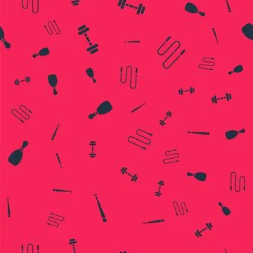 Set Baseball bat, Dumbbell, Bowling pin and Jump rope on seamless pattern Stock Illustration