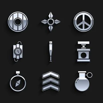 Set Baseball bat, Military rank, Hand grenade, Handle detonator for dynamite Illustration