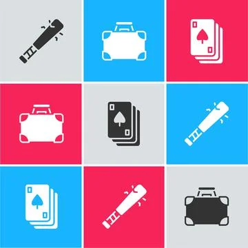 Set Baseball bat with nails, Briefcase and money and Playing cards icon. Vector Stock Illustration