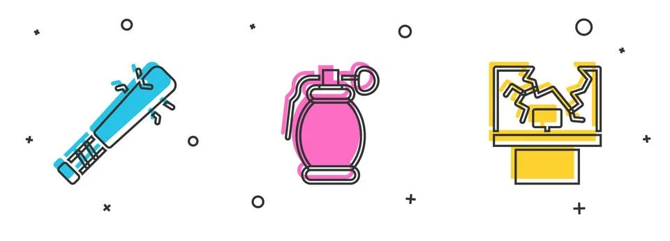 Set Baseball bat with nails, Hand grenade and Broken window icon. Vector Ilustración de archivo