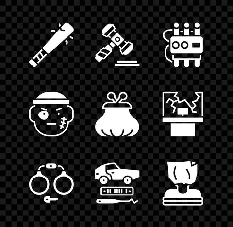 Set Baseball bat with nails, Judge gavel, Dynamite and timer clock, Handcuffs Stockillustratie