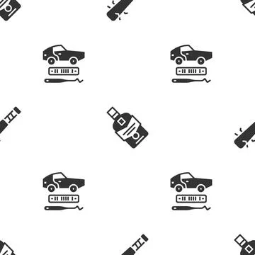 Set Baseball bat with nails, Whiskey bottle and Car theft on seamless pattern Illustrazione stock