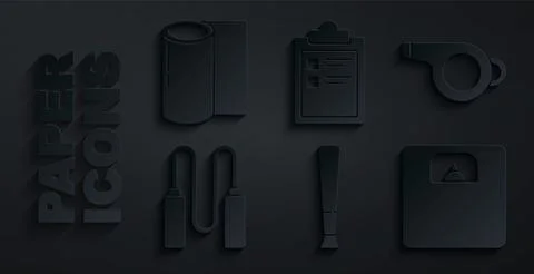 Set Baseball bat, Whistle, Jump rope, Bathroom scales, Sport training program Illustrazione stock