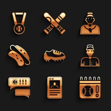 Set Baseball boot, card, Calendar with baseball game, player, Speech bubble chat 스톡 일러스트