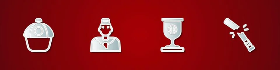Set Baseball cap, coach, Award cup with baseball and Broken bat icon. Vector Stock Illustration