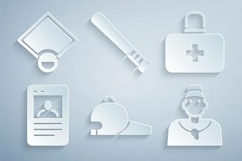 Set Baseball cap, First aid kit, card, coach, bat and field icon. Vector Stock Illustration