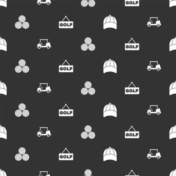Set Baseball cap, Golf car, and label on seamless pattern. Vector Illustrazione stock