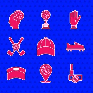 Set Baseball cap Location golf sport club Golf with shoe Sun visor Crossed gl Stock Illustration