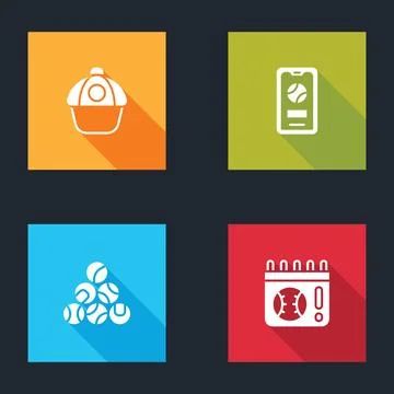 Set Baseball cap, Mobile with baseball, and Calendar game icon. Vector Stock Illustration