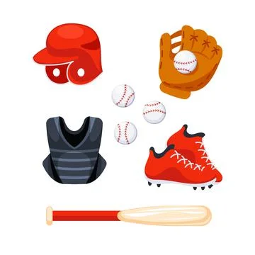 Set of baseball equipment lying on the ground, including a bat, a glove, a Stock-Illustration