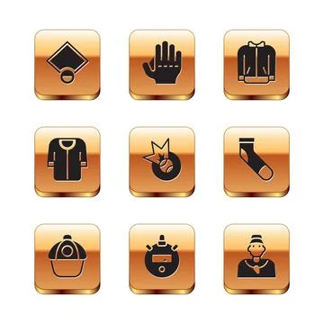 Set Baseball field, cap, Stopwatch, t-shirt, coach and glove icon. Vector Stock Illustration