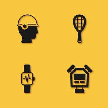 Set Baseball helmet, Stopwatch, Smart with heart and Tennis racket icon with Stock Illustration
