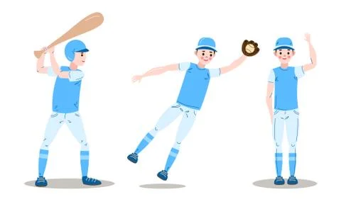 Set of baseball player character in different poses. Vector illustration in flat Stock Illustration