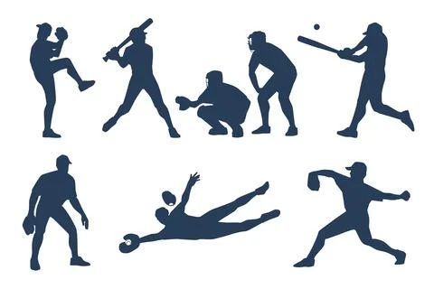 Set baseball player silhouettes. Emblem or badge design. Athletes in uniform in Stock Illustration