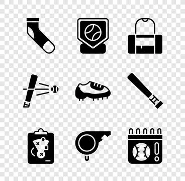 Set Baseball sock, base, Sport bag, Planning strategy, Whistle, Calendar wi.. Stock Illustration