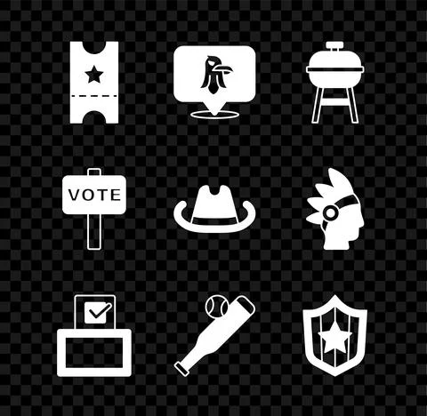 Set Baseball ticket, Eagle, Barbecue grill, Vote box, bat with, Shield stars Ilustración de archivo