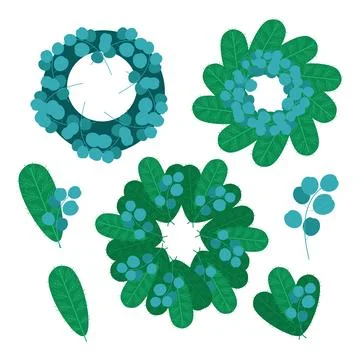 Set of basic Christmas wreath bases with eucalyptus leaves and pine needles. Sty Illustrazione stock