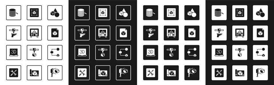 Set Basic geometric shapes, 3D printer, gun, Filament for, Isometric cube file Illustrazione stock