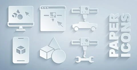 Set Basic geometric shapes, 3D printer car, software, wrench spanner, setting Ilustração Stock