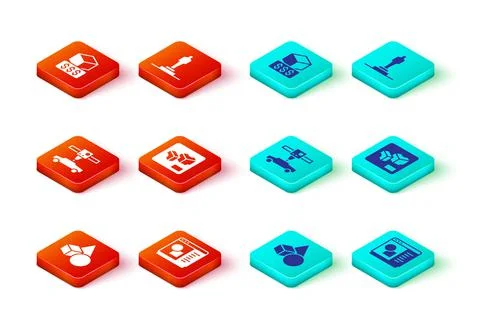 Set Basic geometric shapes, 3D printer software, car, model and services icon Illustrazione stock