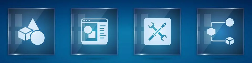 Set Basic geometric shapes, 3D printer software, setting and Isometric cube Ilustração Stock