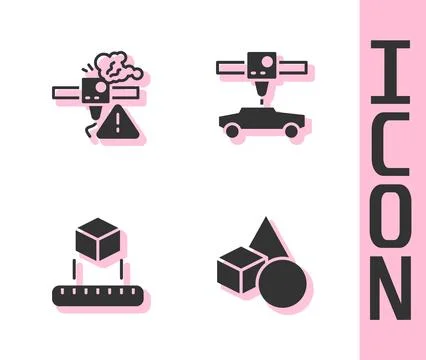 Set Basic geometric shapes, 3D printer warning, Isometric cube and car icon.. Stock Illustration