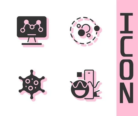 Set Basic geometric shapes, Genetic engineering, Virus and Atom icon. Vector Illustrazione stock