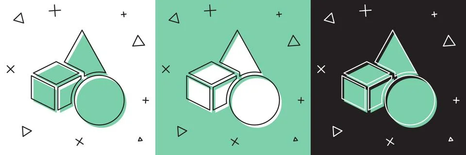 Set Basic geometric shapes icon isolated on white and green, black background Illustrazione stock