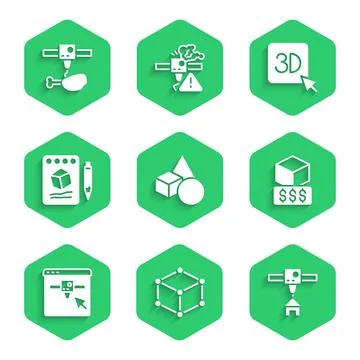 Set Basic geometric shapes, Isometric cube, 3D printer house, services, setting Illustrazione stock