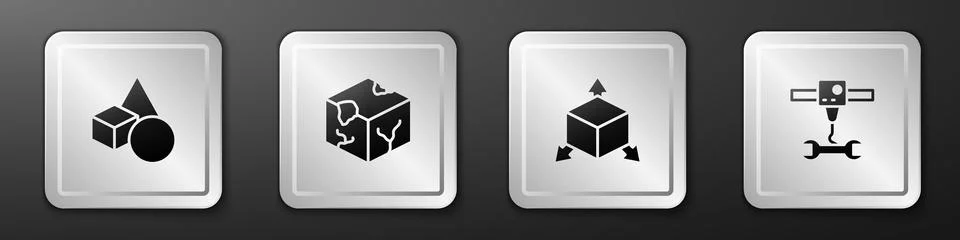 Set Basic geometric shapes, Isometric cube, and 3D printer wrench spanner icon Illustrazione stock
