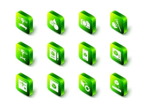 Set Basic geometric shapes, Photo camera, Isometric cube, 3D printer, software Illustrazione stock
