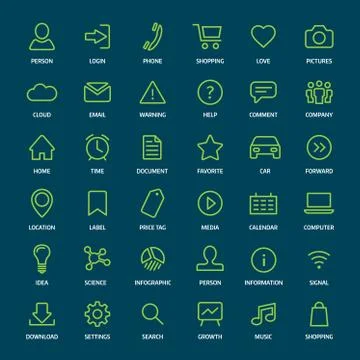 Set of basic green outline icons for print or web Illustrazione stock