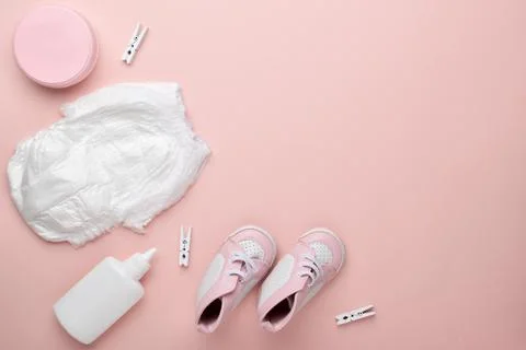 A set of basic necessities for a child. Flat lay, top view, copy space. Stock Photos
