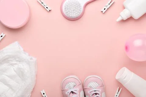 A set of basic necessities for a child. Flat lay, top view, copy space. Foto stock