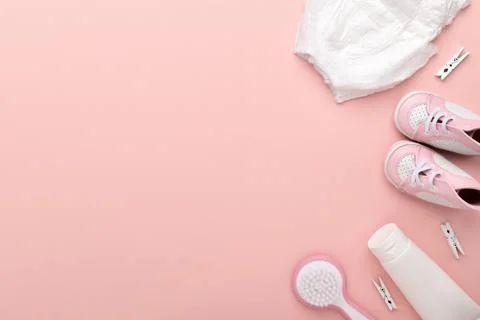 A set of basic necessities for a child. Flat lay, top view, copy space. Stock Photos