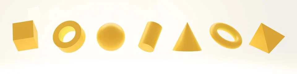 Set of basic shapes. 3d render yellow geometric shapes isolated on white. 스톡 일러스트